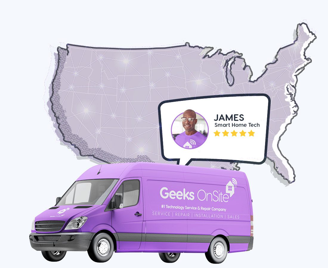 a purple Geeks on Site van below a USA map graphic.