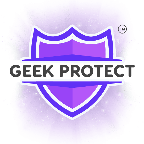 a glowing purple shield with the words “Geek Protect”.