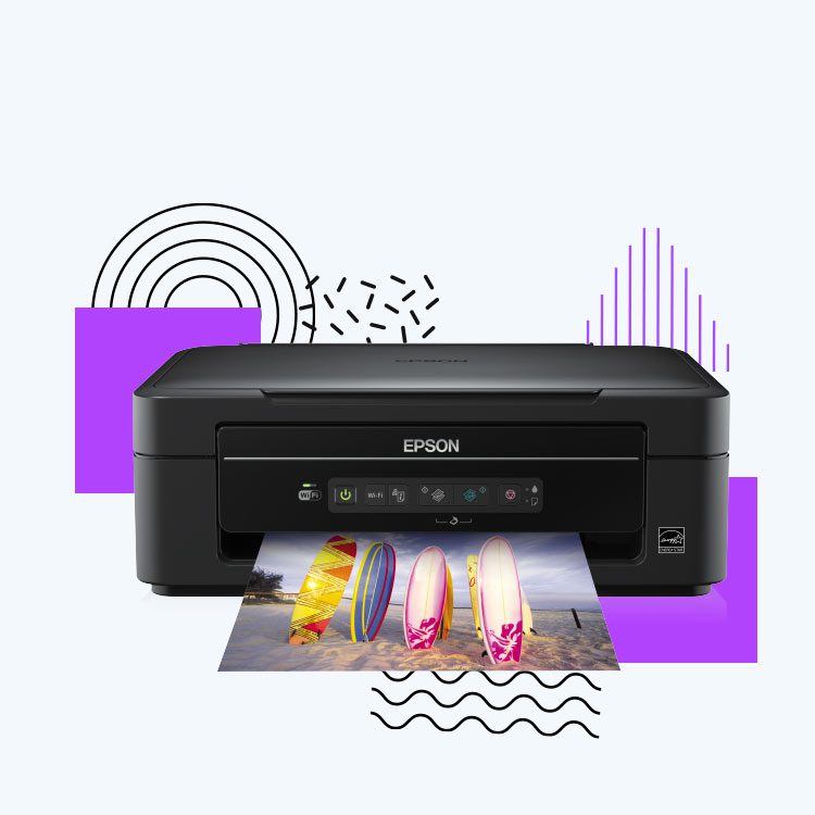 An image of a black Epson printer surrounded by abstract designs.
