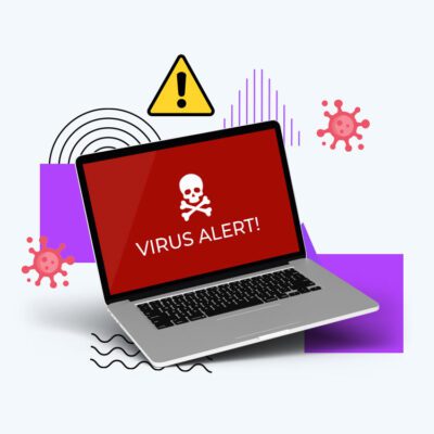 a laptop showing a virus alert surrounded by abstract designs.