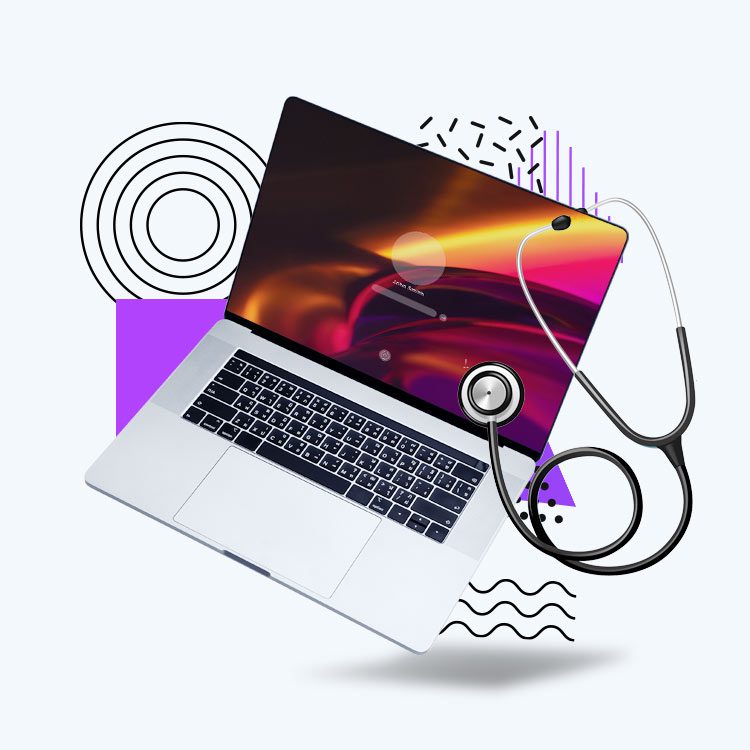 Computer repair concept image of a MacBook surrounded by abstract shapes and a stethoscope.