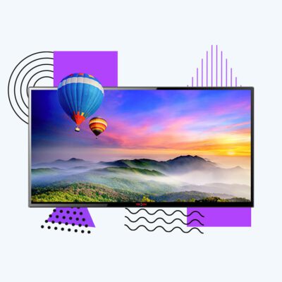 Image of a flat screen TV surrounded by abstract shapes and showing hot air balloons in a sunset landscape.