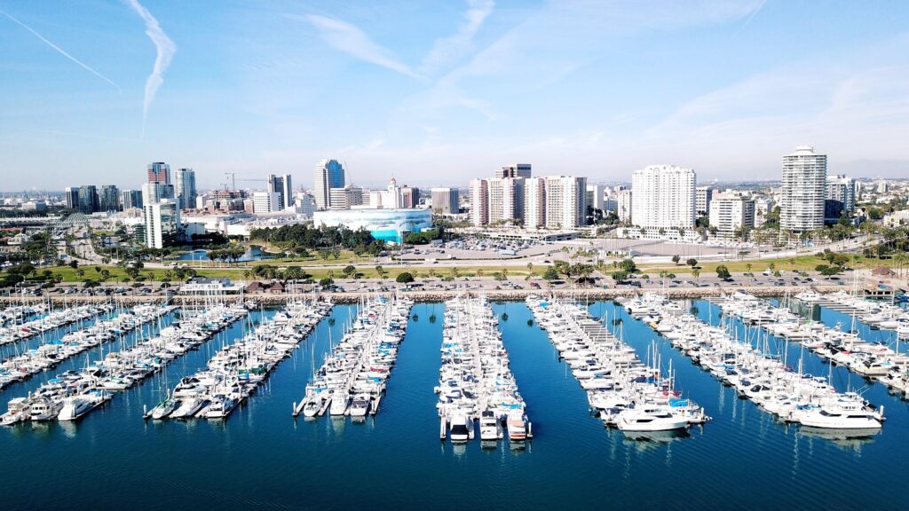 City skyline and marina in Long Beach, California
