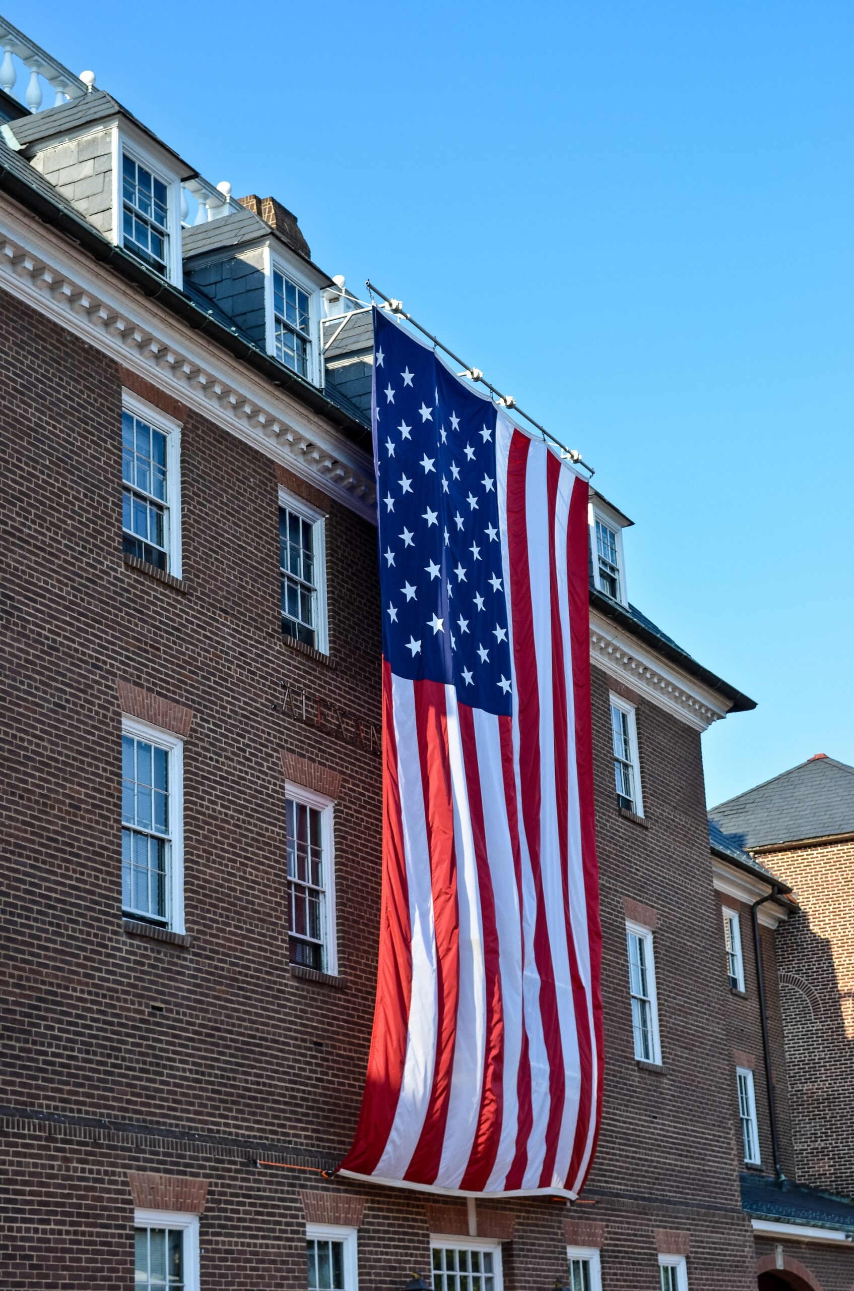 American flag on a building Arlington, Virginia.