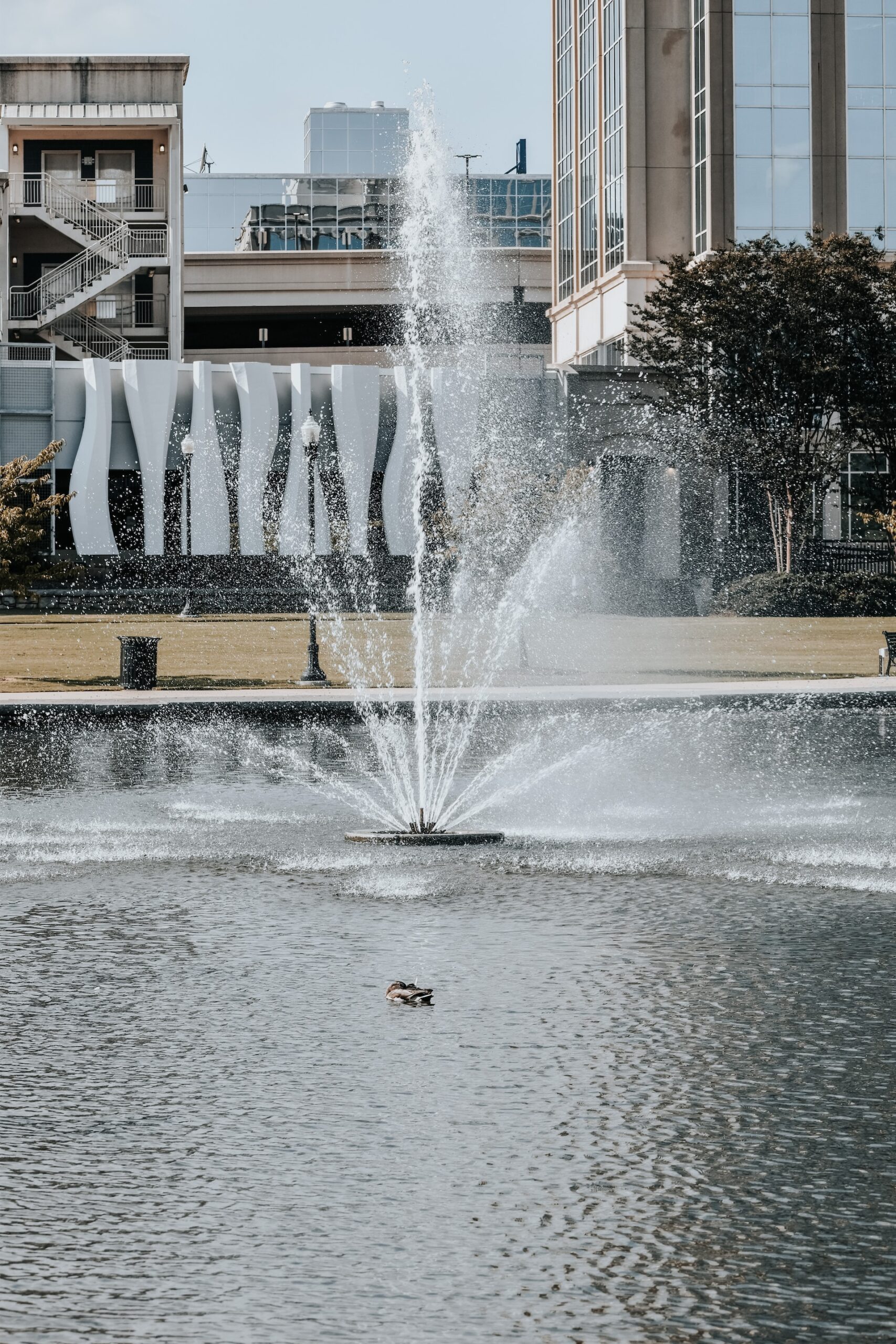 Fountain in a pond in Huntsville, Alabama.