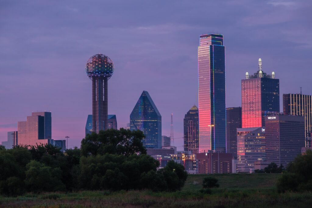 Close up of Dallas, Texas skyline at sunset.