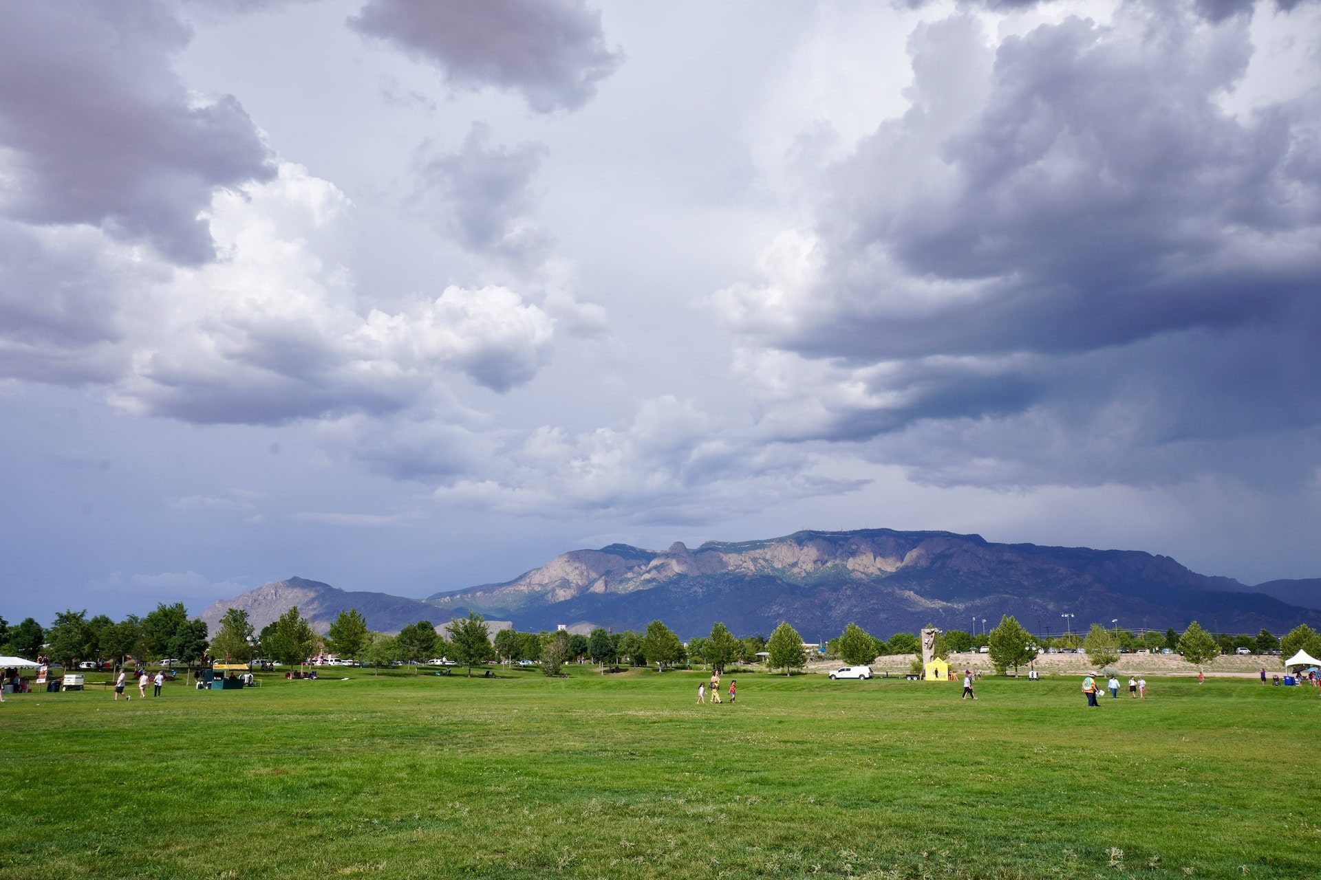 A large green field with mountains in Albuquerque, New Mexico.