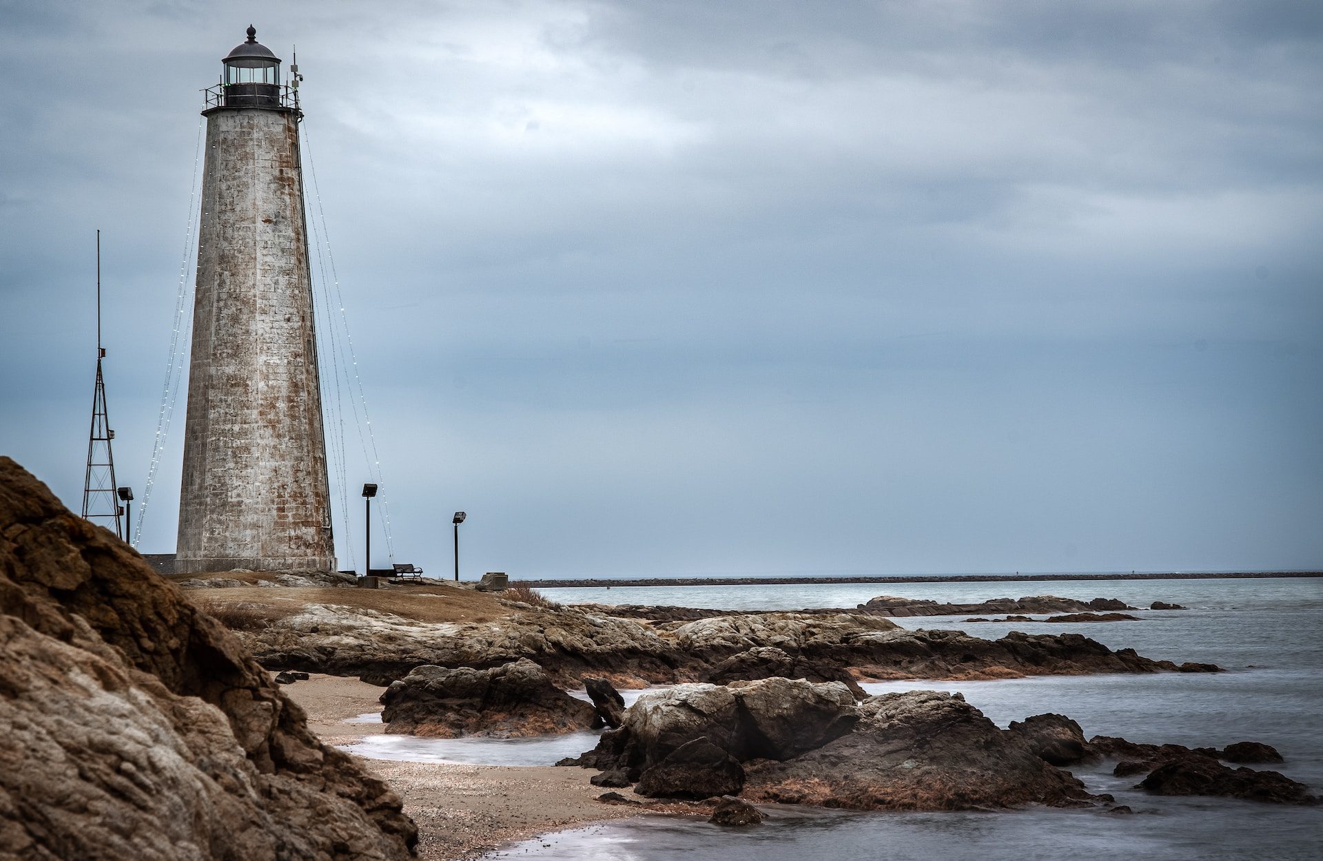 Lighthouse and shoreline in New Haven, Connecticut.