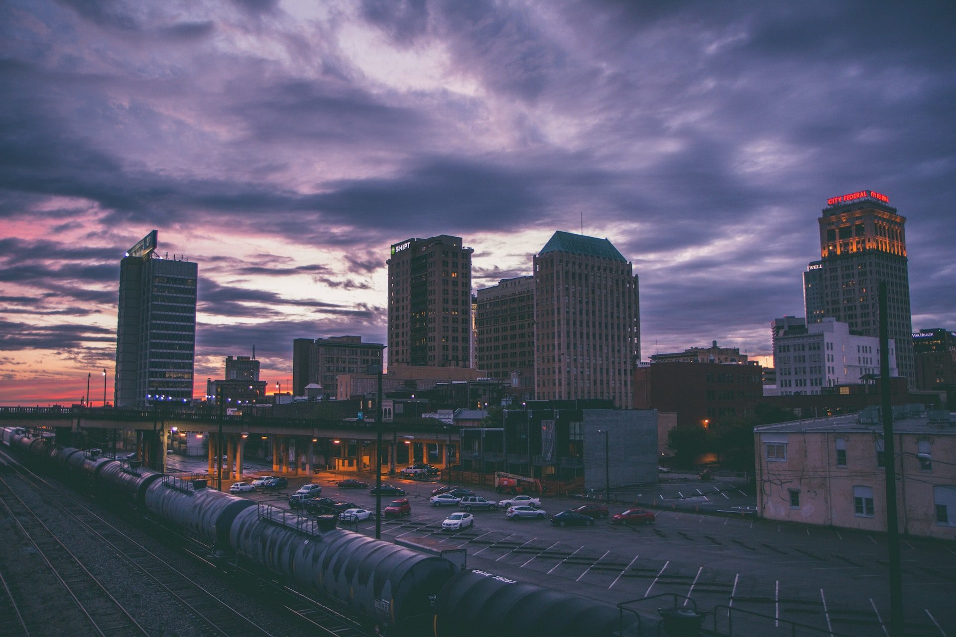Birmingham, Alabama cityscape at sunset.