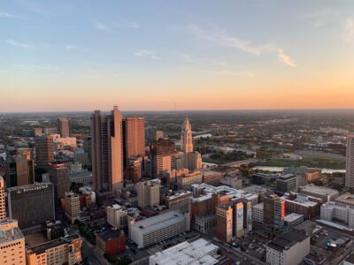 Aerial view of sunset skyline in Columbus, Ohio.