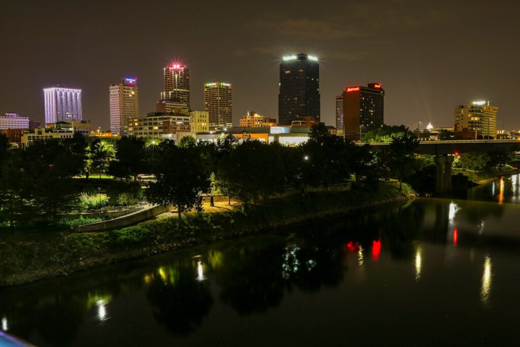 City skyline at night in Little Rock, Arkansas.