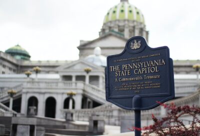 Photo of Pennsylvania state capitol sign in Harrisburg, Pennsylvania.