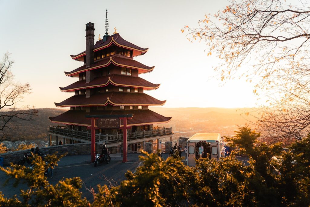 Japanese style temple at golden hour in Reading, Pennsylvania.