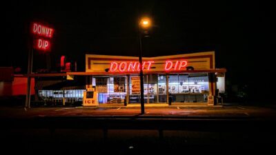 Red Donut Dip neon sign in Springfield, Massachusetts.