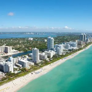 Skyline with beach in Miami, Florida.