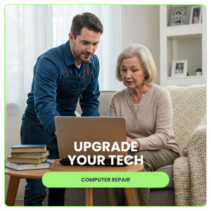 Two people looking at a computer, one elderly woman, and one younger man in an apron