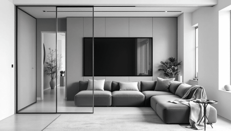 grey living room with elegant tv mounted on the wall