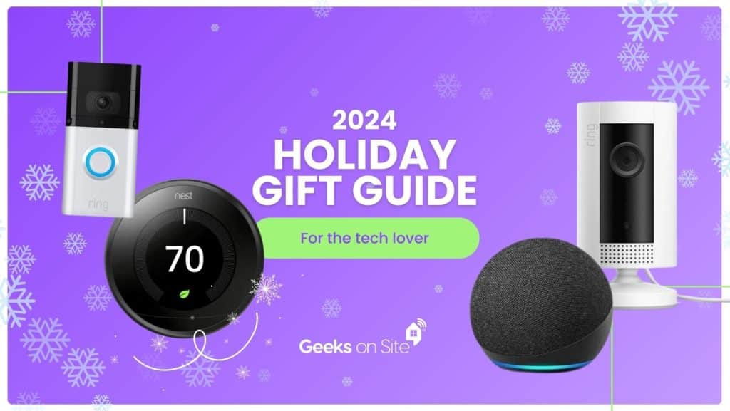 Various Ring and Google products that would make perfect tech gift ideas for our holiday tech gift guide on a purple background with snowflakes