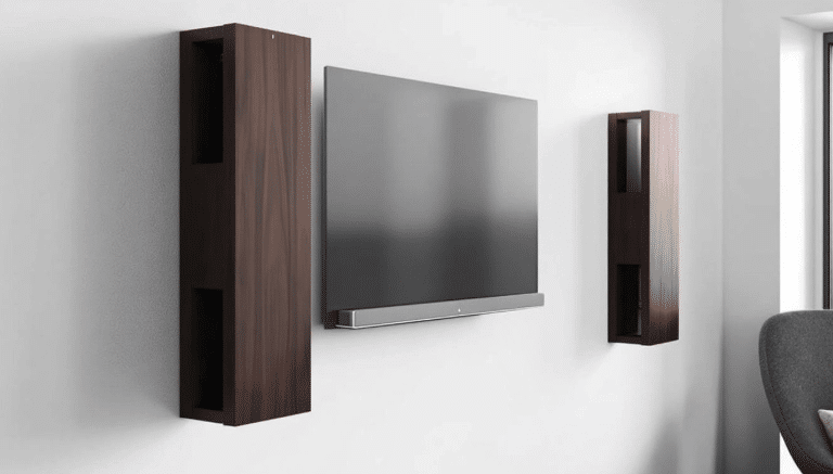 tv mounted in wall with soundbar