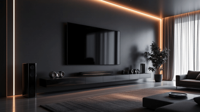 tv room with wireless speaker setup