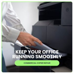 Commercial copier being refilled with paper after a commercial copier repair service to resolve a paper jam/tray issue.
