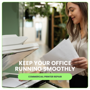 In-house office staff utilizing a commercial printer that recently received commercial printer repair services with Geeks on Site.
