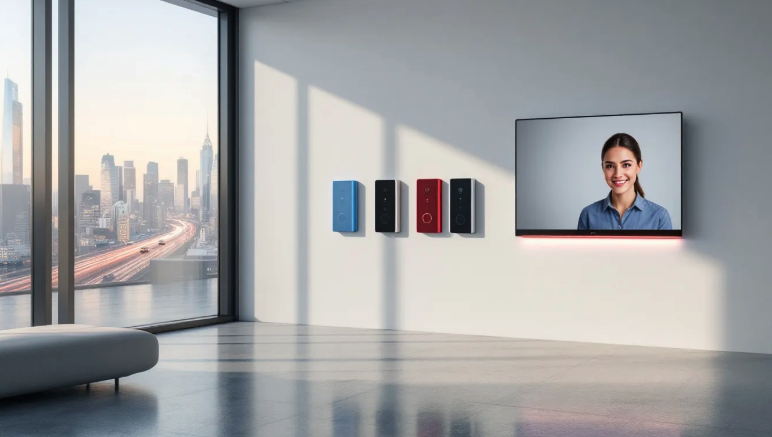 Various smart doorbells installed on wall next to tv