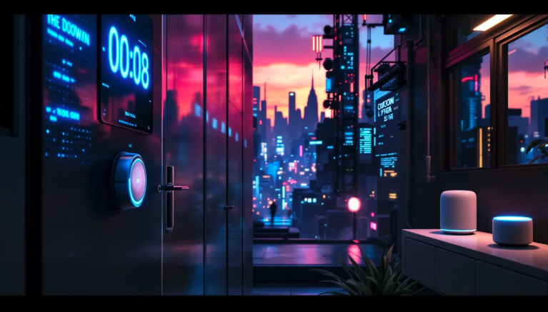 Various smart home devices in a futuristic home