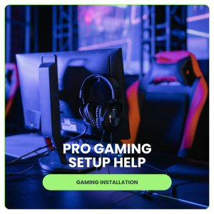 gaming set up with headphones, monitor, and gaming desk chair in view.