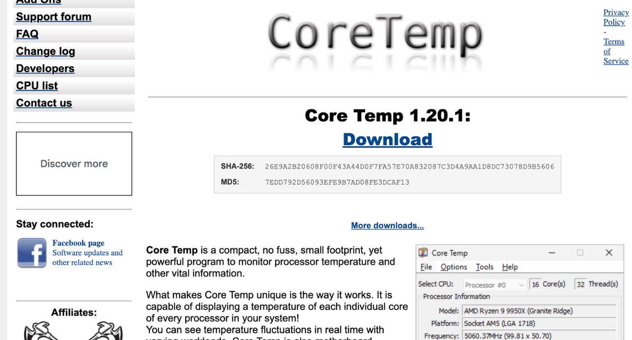 Core Temp download page for Windows CPU temperature monitoring