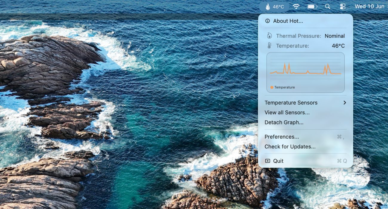 Hot app displaying CPU temperature and thermal pressure status in the Mac menu bar