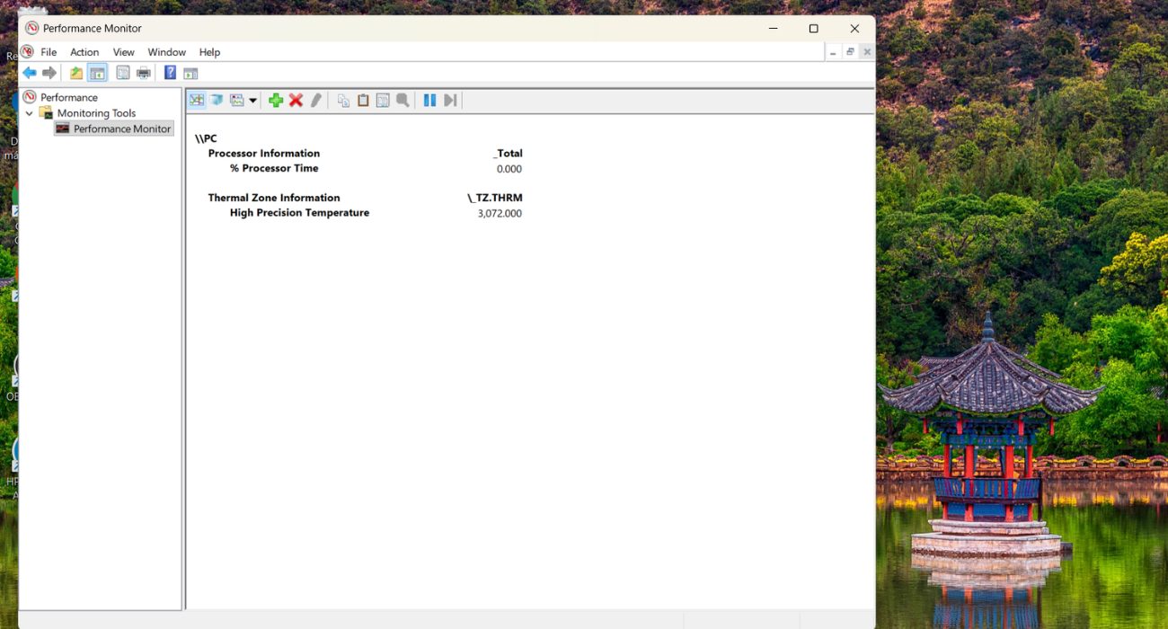Performance Monitor dropdown menu with Report view selected for easier CPU temperature monitoring