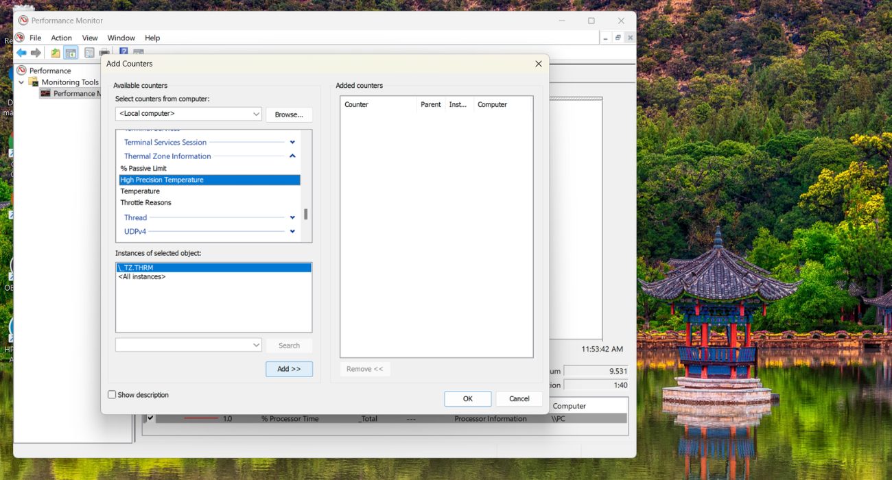 Performance Monitor Add Counters window showing High Precision Temperature for CPU temperature monitoring