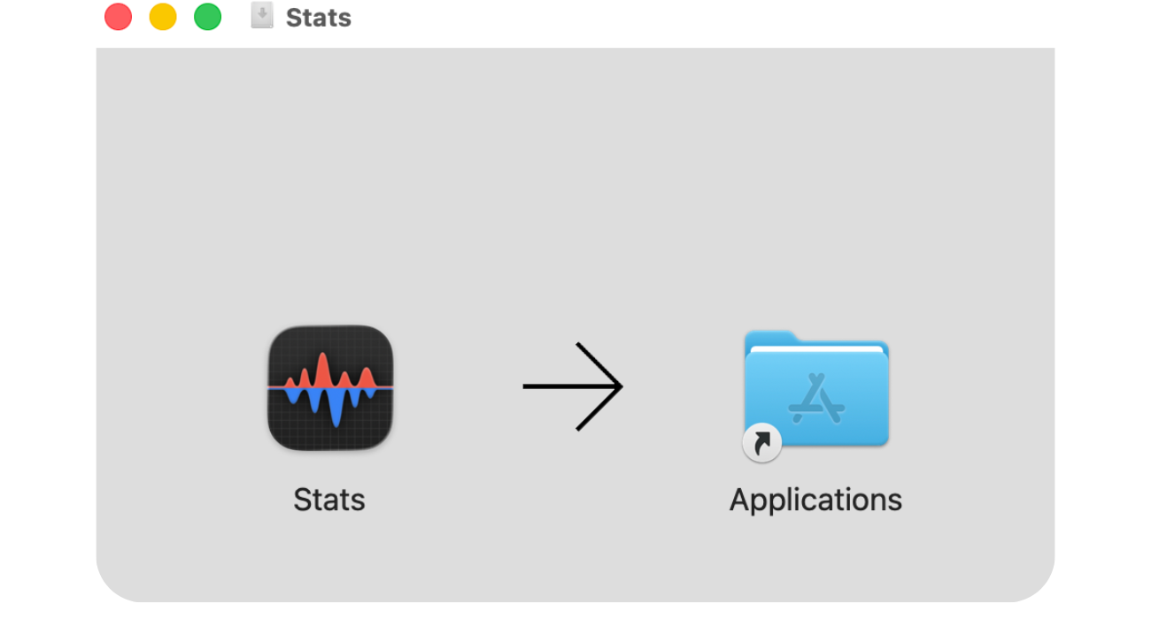 Stats app installer window for a Mac CPU temperature monitor being dragged to the Applications folder