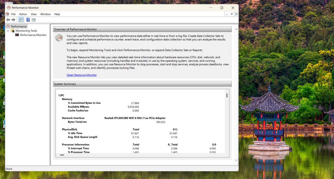 Windows Performance Monitor overview screen before configuring CPU temperature monitoring