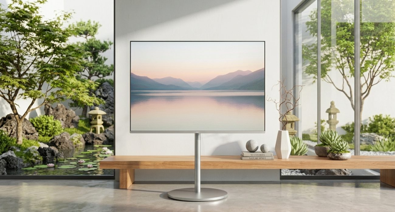 ​​Flat-screen TV supported by a pedestal floor stand without wall mounting