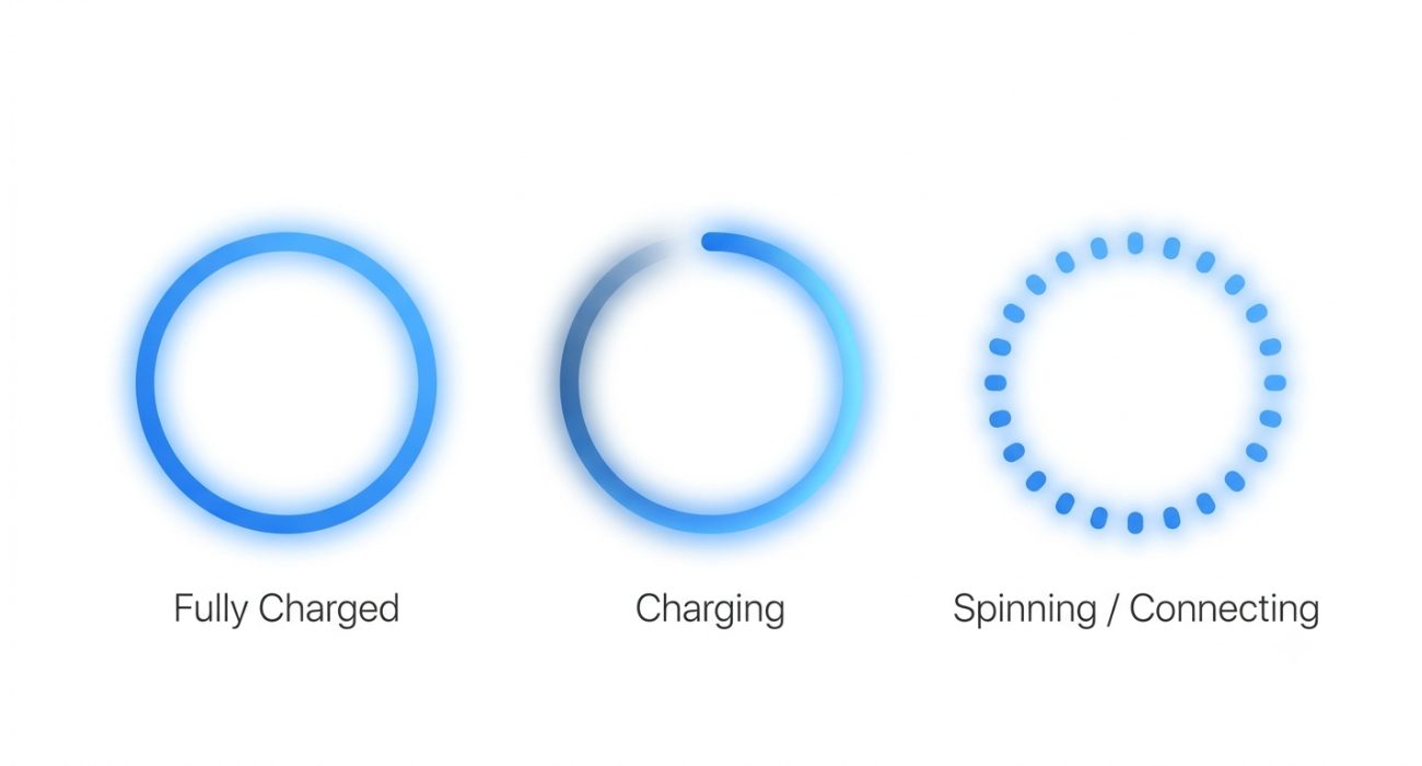 Ring doorbell flashing blue light patterns showing charging, connecting, and fully charged status