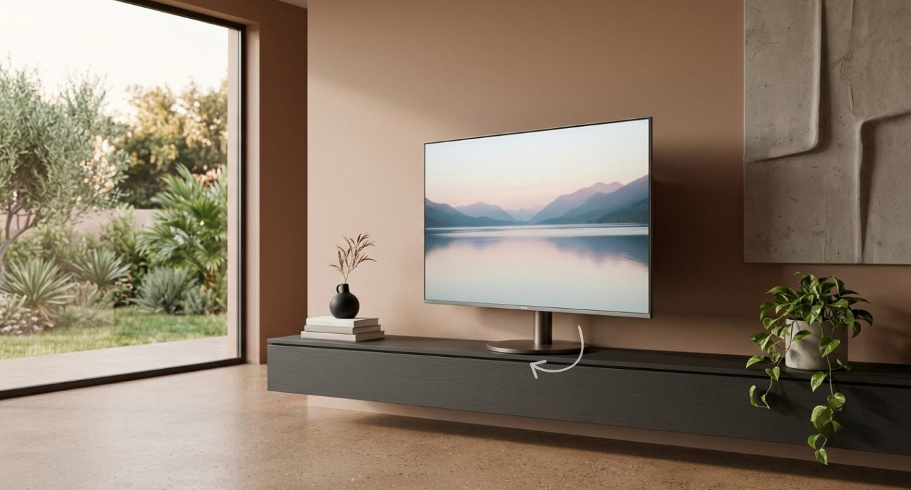 Flat-screen TV on a swivel tabletop stand that rotates for different viewing angles