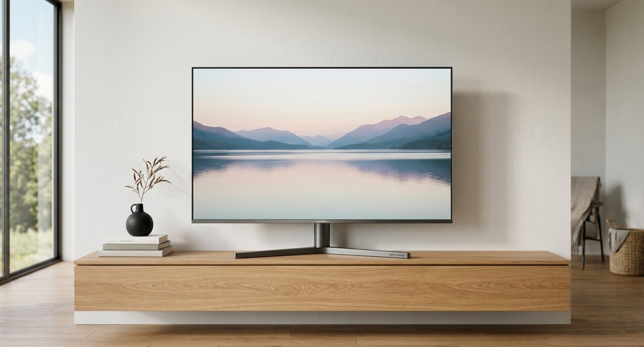 Flat-screen TV supported by a universal TV base on a wooden media console