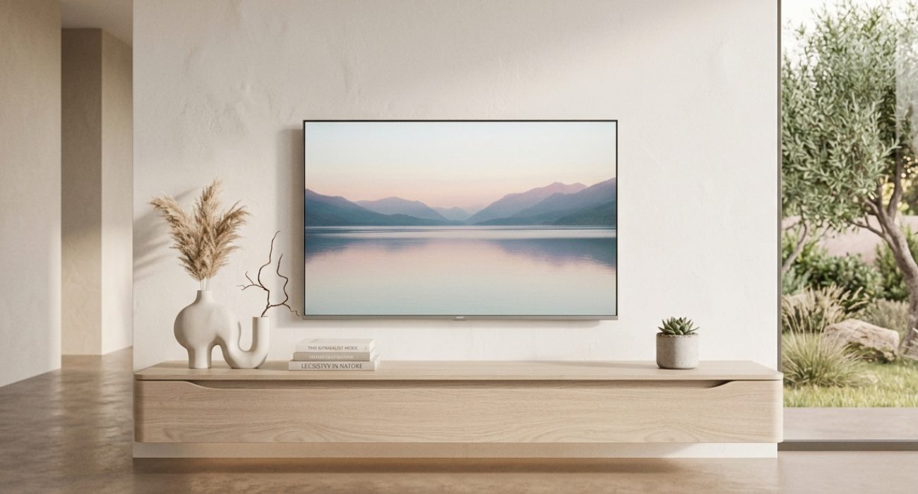 Wall-mounted flat-screen TV installed above a floating media console