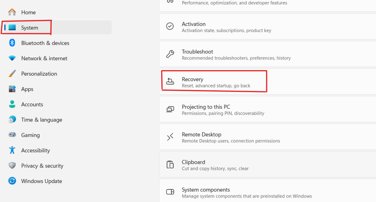 Laptop showing Windows 11 recovery settings before creating a backup prior to resetting the PC