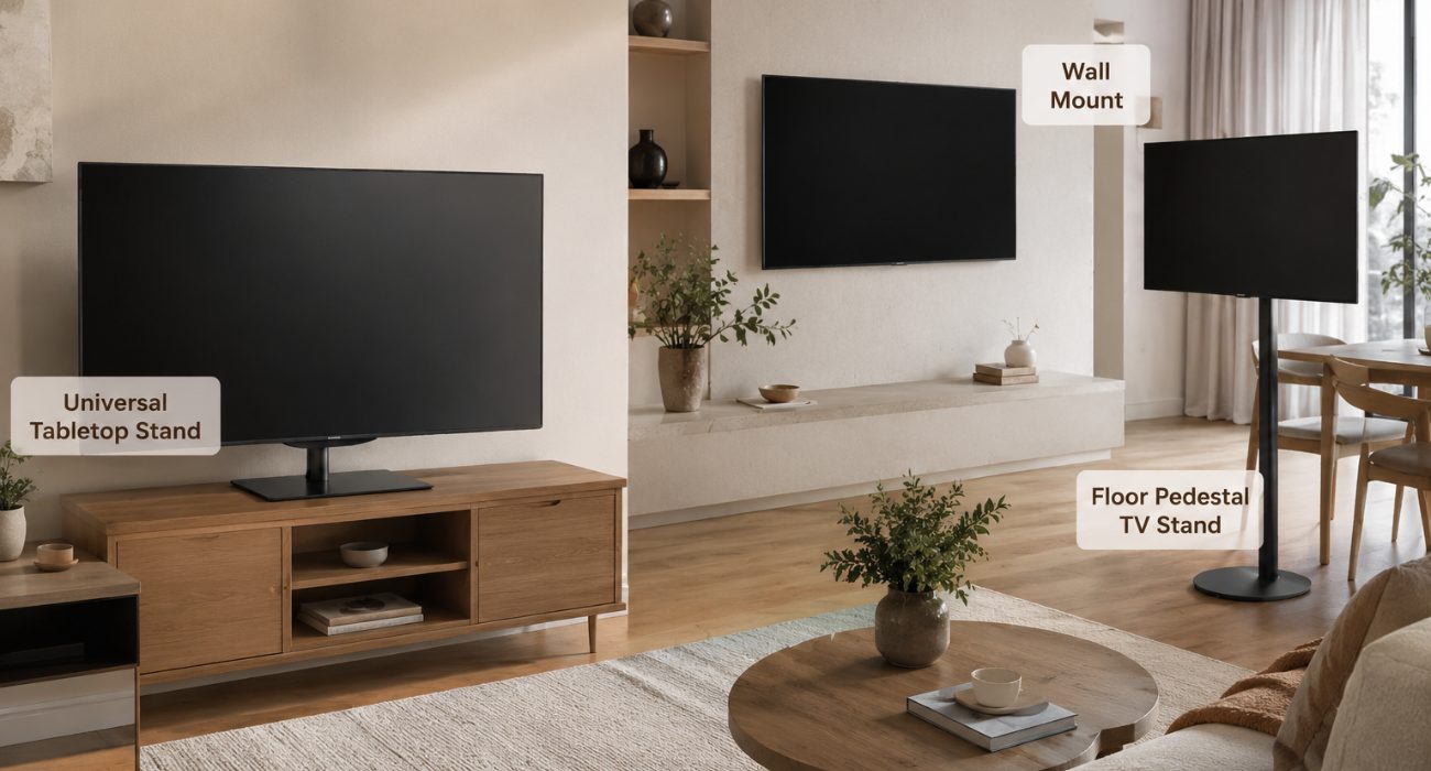 How to stand a TV without legs using a tabletop stand, wall mount, or floor pedestal