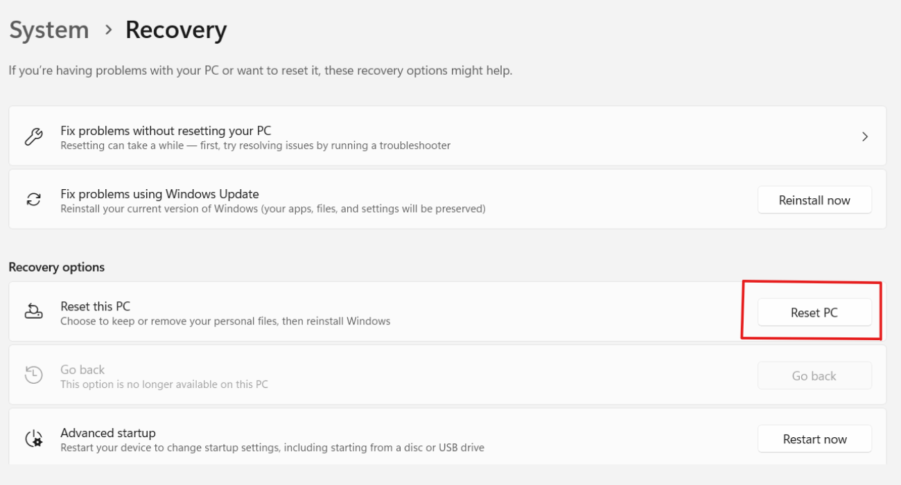 Windows 11 System Recovery settings showing the Reset this PC option