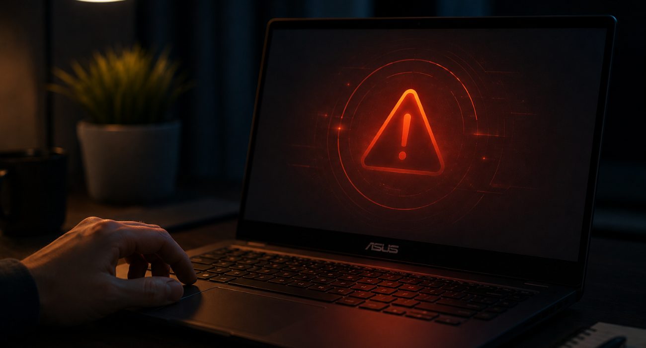 ASUS laptop displaying a malware warning on the screen