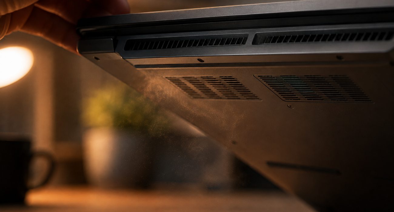 Dust around the vents of an ASUS laptop that may contribute to overheating
