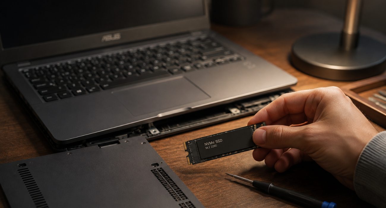 SSD being installed in an ASUS laptop to improve storage performance