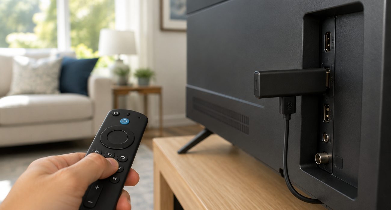 Fire TV Stick connected to a TV during Clean Streams TV setup