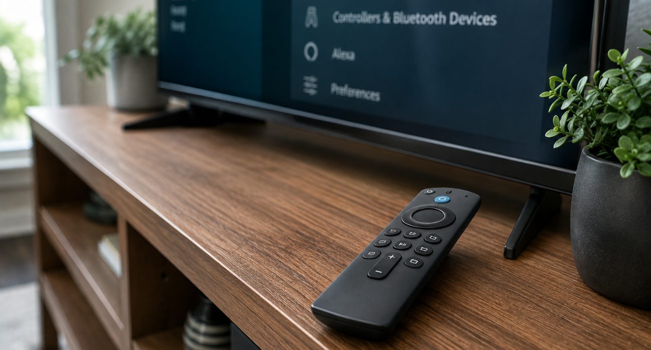 Fire TV Stick remote next to a TV displaying Fire TV settings