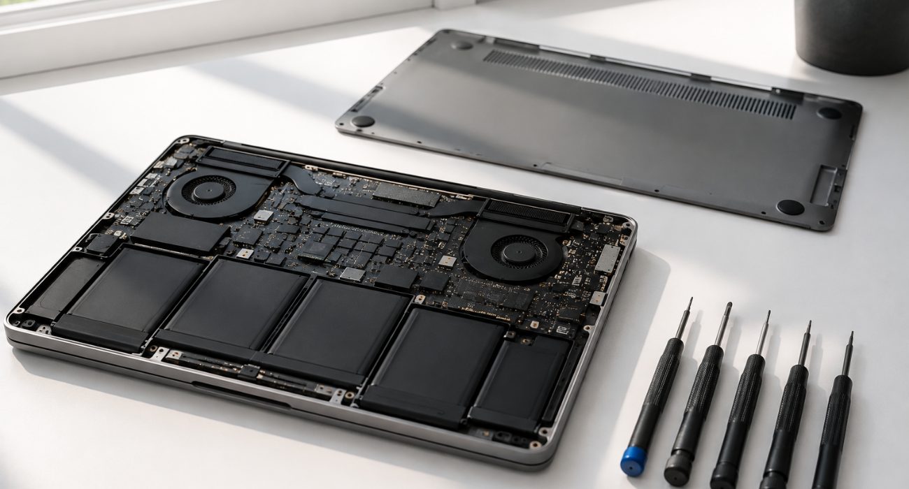 Refurbished laptop opened for hardware inspection and repair