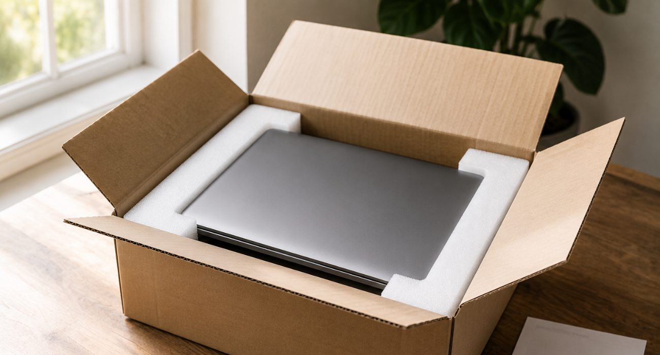Refurbished laptop packaged for shipping from an online retailer